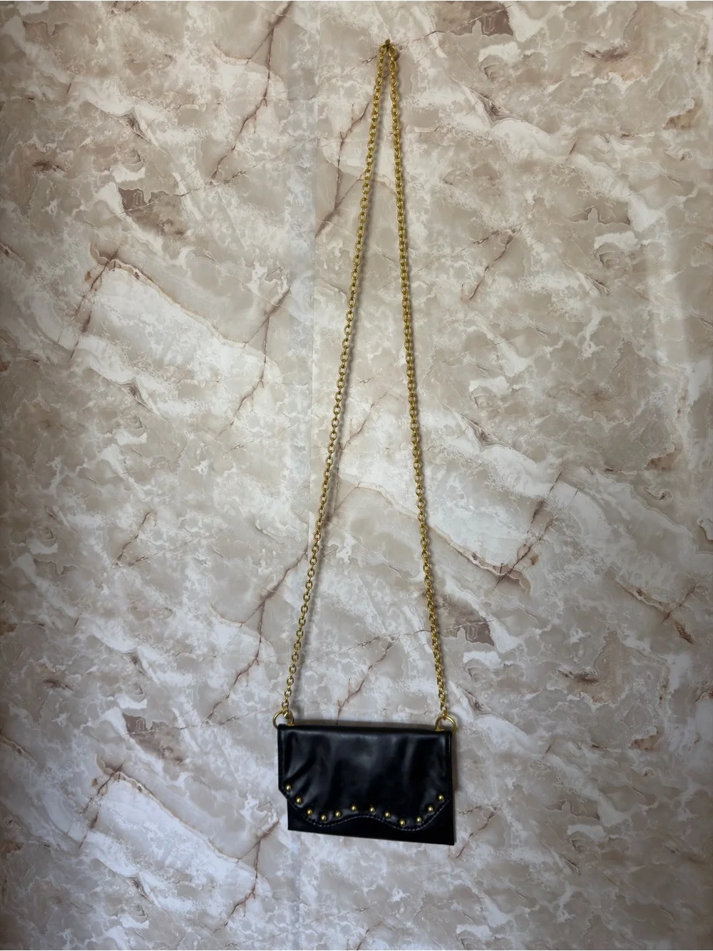 Black Studded Scallop Flap Crossbody with Gold Chain